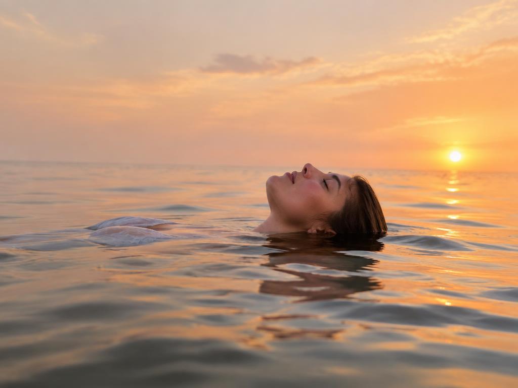Floating in a pastel sea at sunset