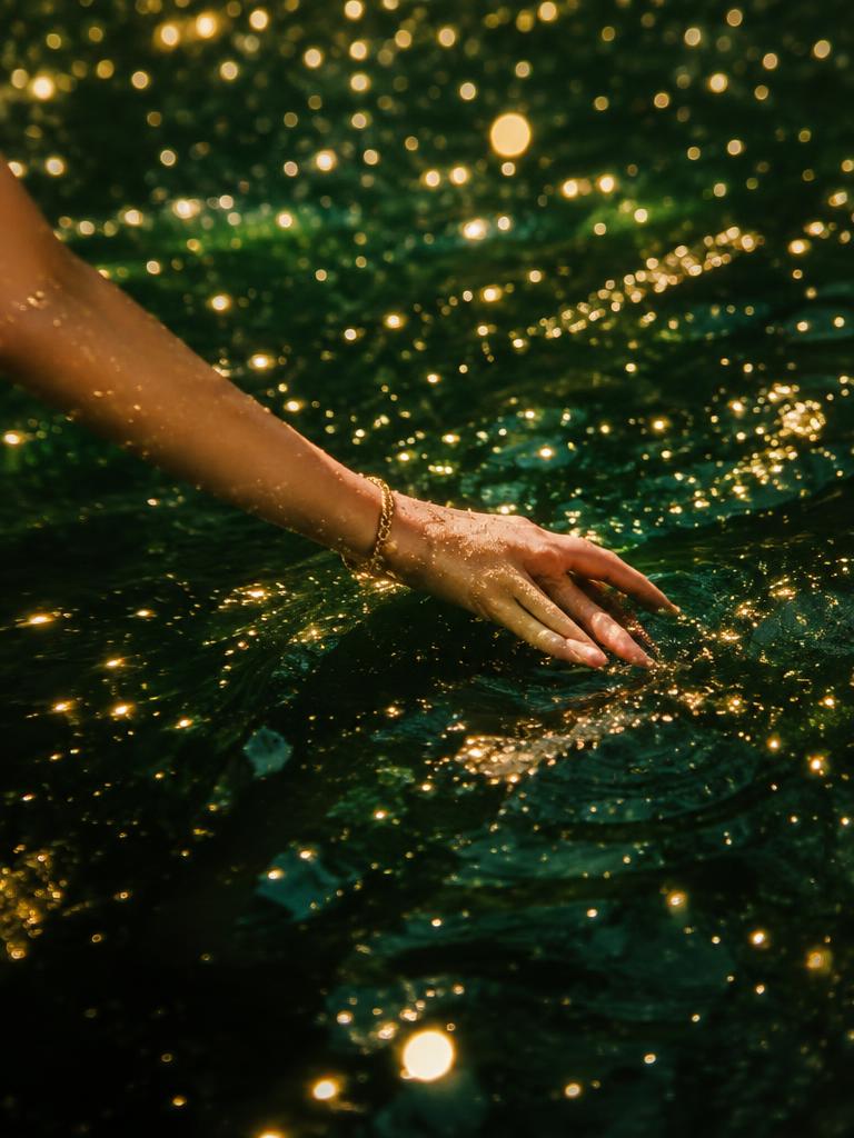 Fingertips in golden glittering water